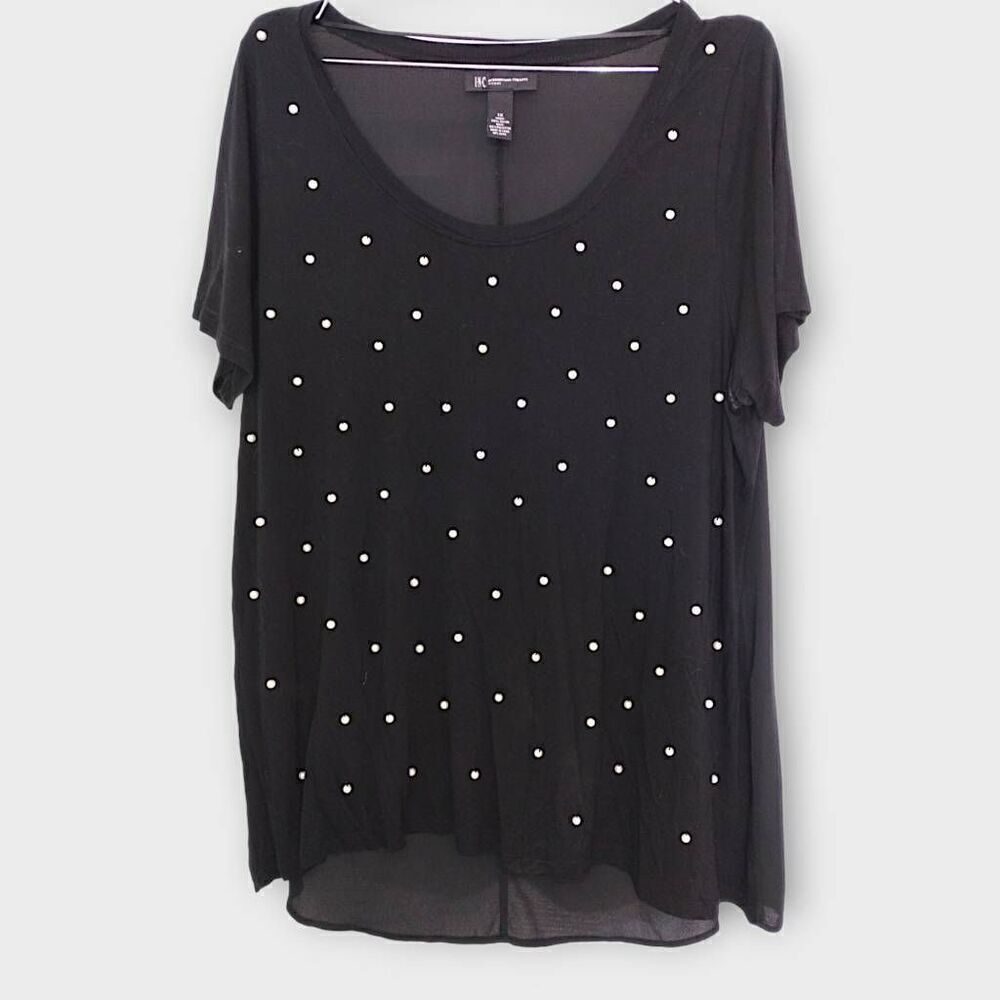 INC Womens Tee Sz 1X  Black White Pearls Short Sleeves Chiffon Back Holiday Glam